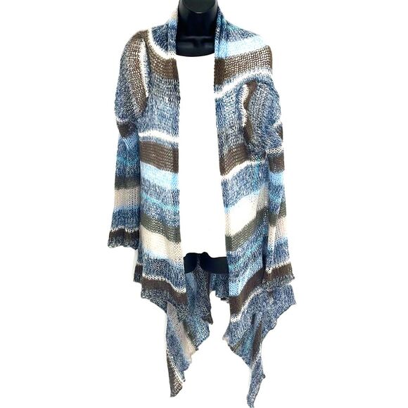 2 ii Sisters Open Front Striped Open Knit Cardigan Blue Brown Size Small Medium - Picture 1 of 8